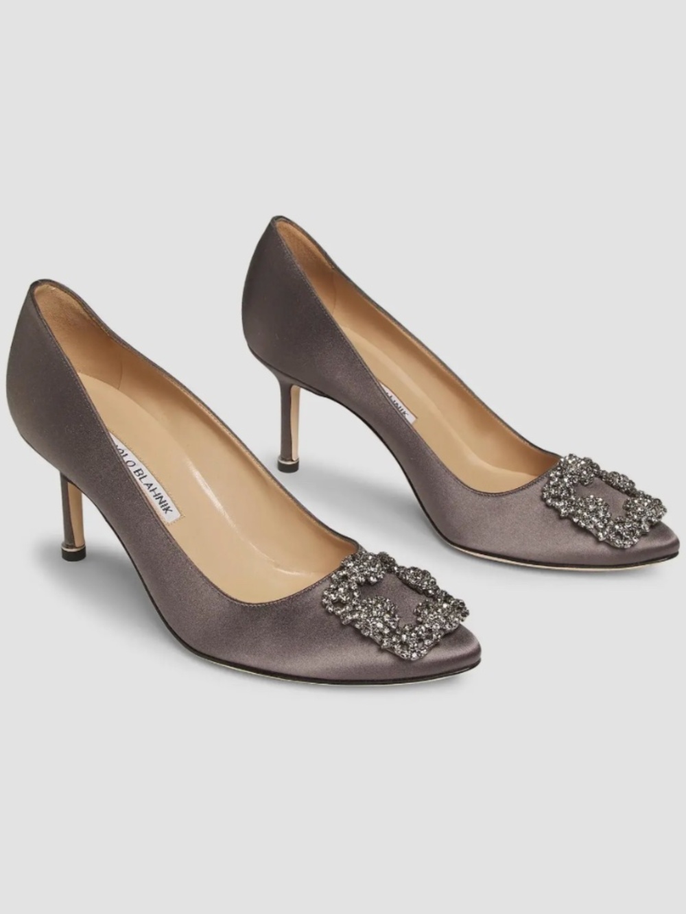 Manolo Blahnik "Hangisi" 70mm Gray Satin Heels, EU 38
